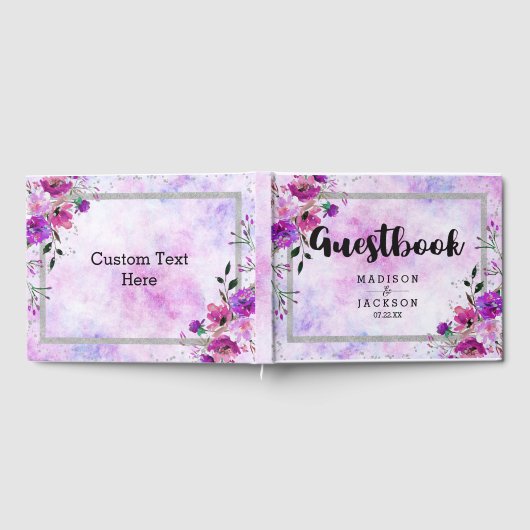 Chique Paarse Bloemen & Zilver Lijst Bruiloft Mono Gastenboek (Volledig)