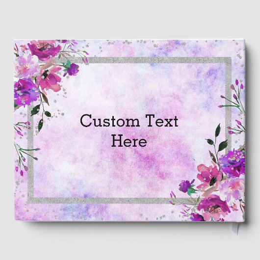 Chique Paarse Bloemen & Zilver Lijst Bruiloft Mono Gastenboek (Achterkant)