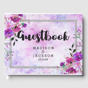 Chique Paarse Bloemen & Zilver Lijst Bruiloft Mono Gastenboek