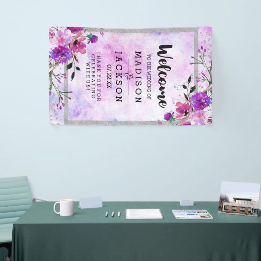 Chique Paarse Bloemen & Zilveren Bruiloft Welkom Spandoek (Beurs)
