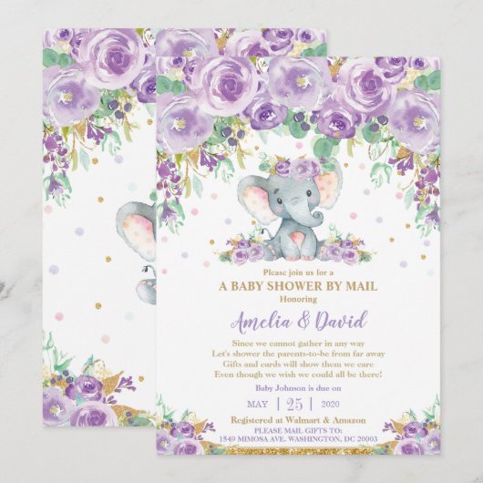Chique paarse bloemenen olifant baby shower per po kaart (Voorkant / Achterkant)