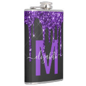 Chique Paarse Drip Glitter Monogram Naam Heupfles (Rechts)