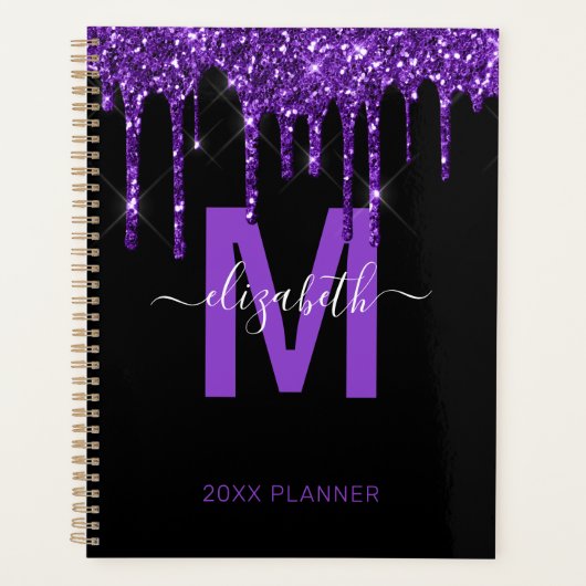 Chique Paarse Dripping Glitter Monogram Naam 2024 Planner (Voorkant)