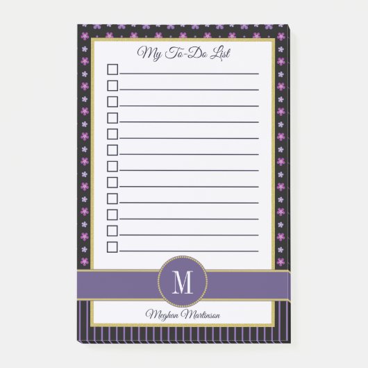 Chique Paarse Floral Stripe Monogram Naam Te Doen Post-it® Notes (Voorkant)