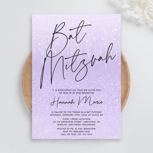 Chique Paarse Glitter Bat Mitzvah Kaart