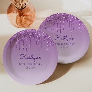 Chique Paarse Glitter Drip 16e Verjaardagsfeestje Papieren Bordje