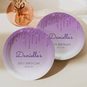 Chique Paarse Glitter Drip 30e Verjaardagsfeestje Papieren Bordje