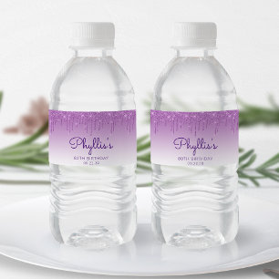 Chique Paarse Glitter Drip 80ste Verjaardagsfeestj Waterfles Etiket