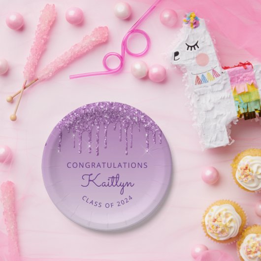 Chique Paarse Glitter Drip Class Graduation Party Papieren Bordje (Feest)