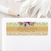 Chique Paarse Glitter Flowers Diamonds Gold Etiket (Insitu)