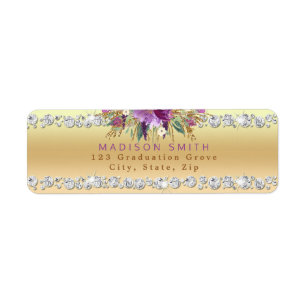 Chique Paarse Glitter Flowers Diamonds Gold Etiket