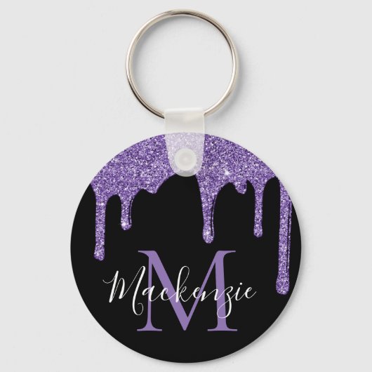 Chique Paarse Glitterdruppels Glans Monogram Sleutelhanger (Voorkant)