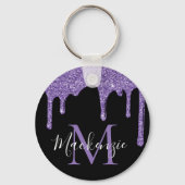 Chique Paarse Glitterdruppels Glans Monogram Sleutelhanger (Achterkant)