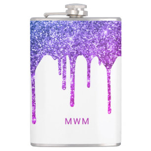 Chique Paarse Roze Glitter Druppels Glans Monogram Heupfles