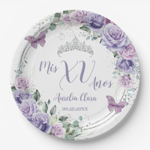 Chique paarse seringen bloem vlinders Quinceañera  Papieren Bordje