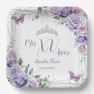 Chique paarse seringen bloem vlinders Quinceañera Papieren Bordje