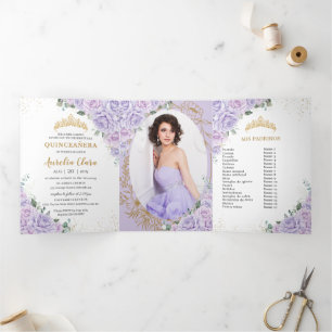 Chique paarse seringen rozen bloemige Quinceañera- Drieluik Uitnodiging