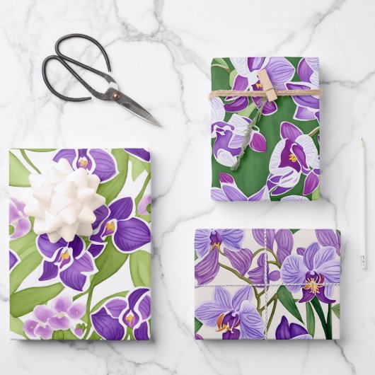 Chique Paarse Waterverf Orchidee Flora Inpakpapier Vel (Voorkant)