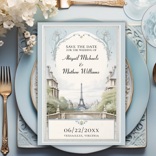 Chique Paris Eiffel Tower Powder Blue Save the Dat Date