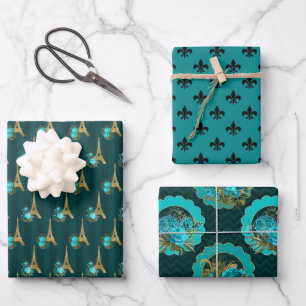Chique Paris Turquoise, Zwart en Goud Inpakpapier Vel