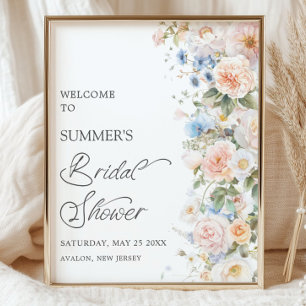 Chique Pastel Blush Witte Blauwe Bloemachtige Brui Poster