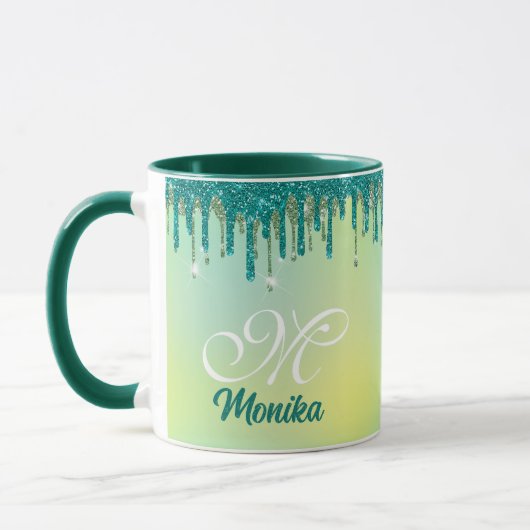 Chique pastel groene munt glitter druppels monogra mok (Links)
