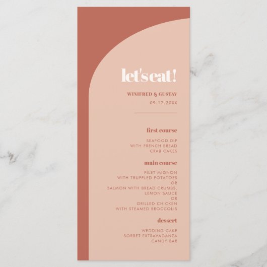 Chique perzik terracotta boog Laten we bruiloft et Menu (Voorkant)