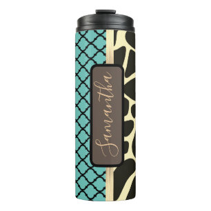 Chique Quatrefoil Giraffe Print gepersonaliseerd Thermosbeker