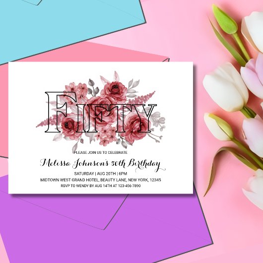 Chique Red Maroon groen bloemen 50e verjaardag Kaart