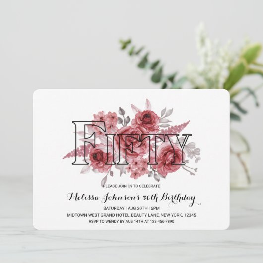 Chique Red Maroon groen bloemen 50e verjaardag Kaart (Staand voorkant)