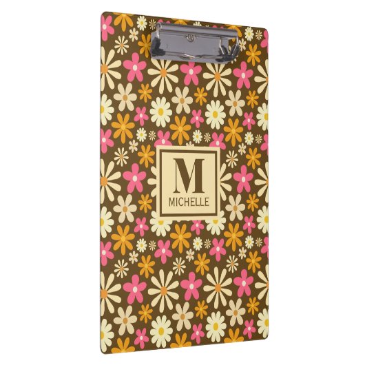 Chique Retro 70s Groovy Hippie Bloem Monogram Klembord (Rechts)