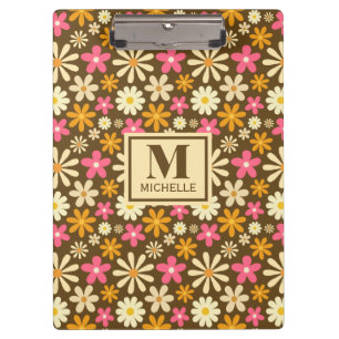 Chique Retro 70s Groovy Hippie Bloem Monogram Klembord