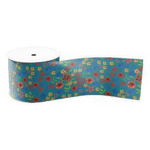 Chique Retro bloemenprint op Blauwgroen Grosgrain  Lint