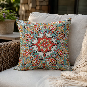 Chique Retro Rode Turquoise Teal Kaleidoscoop Patr Buitenkussen