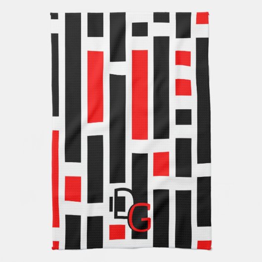 chique retro rood zwart geometrisch ontwerp theedoek (Verticaal)