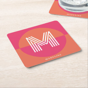 Chique Retro Roze Oranje Geometrisch Modern Monogr Vierkante Kartonnen Onderzetter