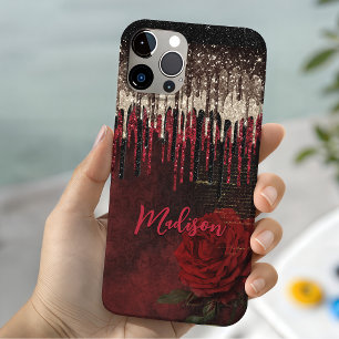 Chique rode bloem gouden druppels glitters monogra iPhone 11 hoesje