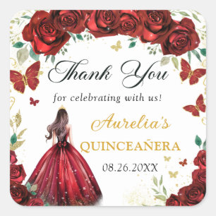 Chique rode rozen bloemige Quinceañera prinses sti Vierkante Sticker