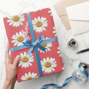 Chique rode witte madeliefjes verjaardag cadeaupapier