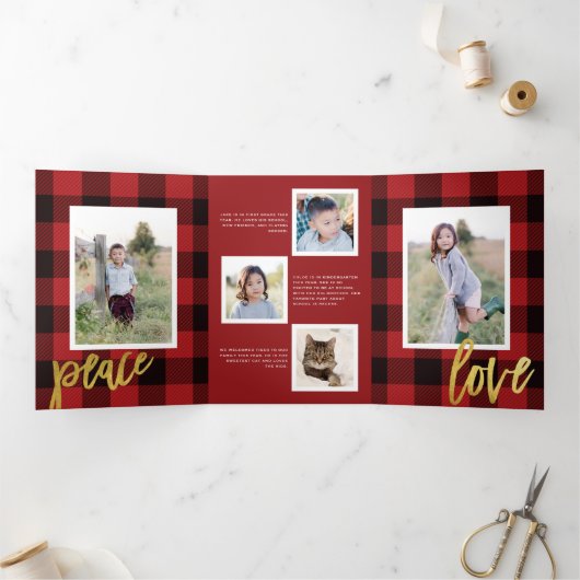 Chique rood geruite + gouden script vakantie fotok drieluik uitnodiging (Binnen)