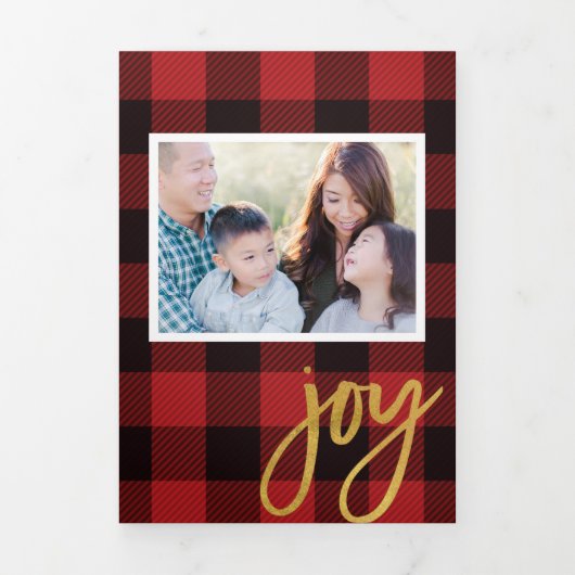 Chique rood geruite + gouden script vakantie fotok drieluik uitnodiging (Cover)