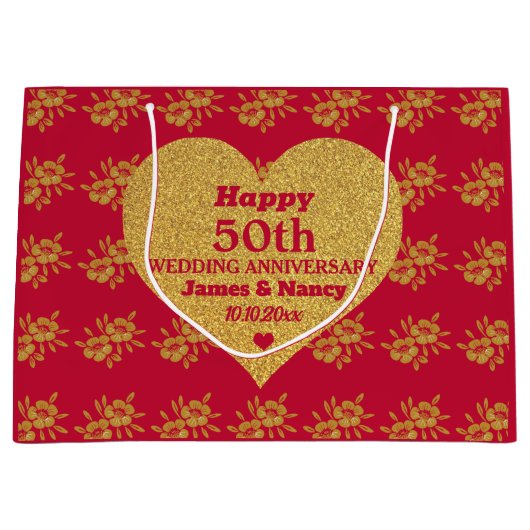 Chique Rood & Goud Bloemen 50ste Bruiloft Jubileum Groot Cadeauzakje (Voorkant)