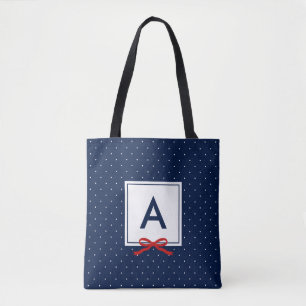 Chique rood lint blauw polka dot patroon monogram tote bag