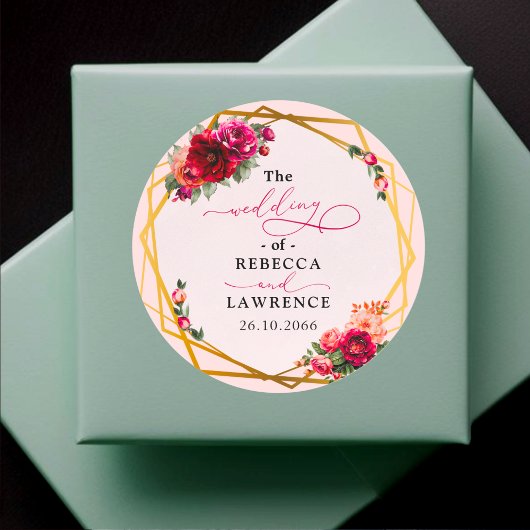 Chique rood roze bloem- en nepgoud bruiloft ronde sticker