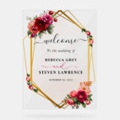 Chique rood roze bloemen en faux goud bruiloft wel acryl bord (Voorkant)