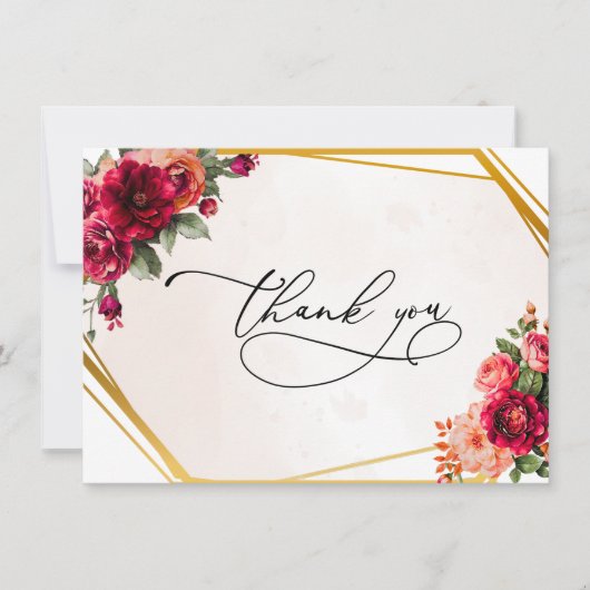 Chique rood roze bloemig en faux gouden bruiloft bedankkaart (Voorkant)