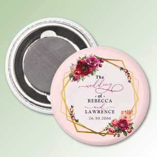 Chique rood roze bloemig en faux gouden bruiloft magneet