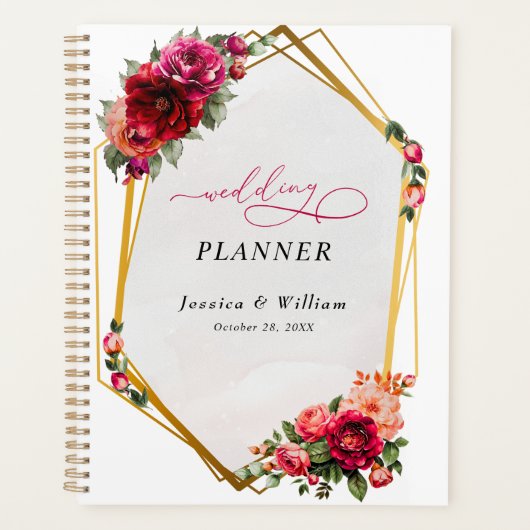Chique rood roze bloemig en faux gouden bruiloft planner (Voorkant)