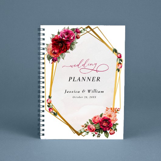 Chique rood roze bloemig en faux gouden bruiloft planner