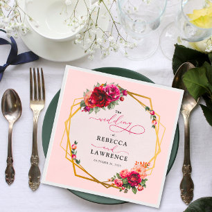 Chique rood roze bloemig en faux gouden bruiloft servet